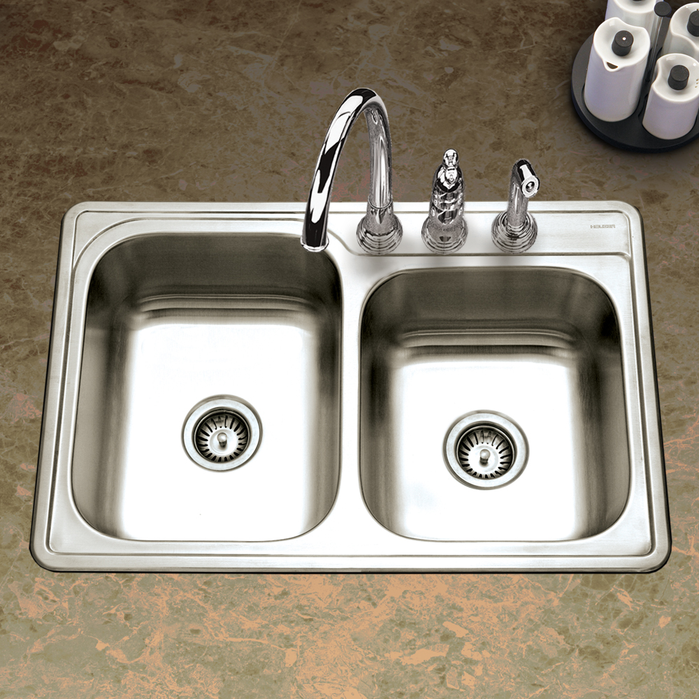 Picture of Houzer ISL-3322BS3-C 33 in. Glowtone Series Drop-in Topmount 60-40 Double Bowl Steel Kitchen Sink with 2 Basket Strainers & 2 Bottom Grids, Stainless Steel