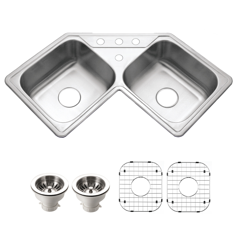 Picture of Houzer LCR-3221-C 32 in. Legend Series Drop-in Topmount 4-hole 50-50 Double Bowl Corner Kitchen Sink with Basket Strainer & Bottom Grid, Stainless Steel