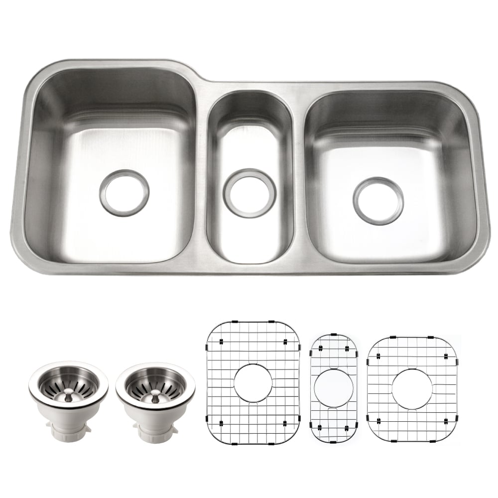 Picture of Houzer MGT-4120-C 40 in. Medallion Series Undermount Triple Bowl Kitchen Sink with 2 Basket Strainers & 3 Bottom Grids, Stainless Steel