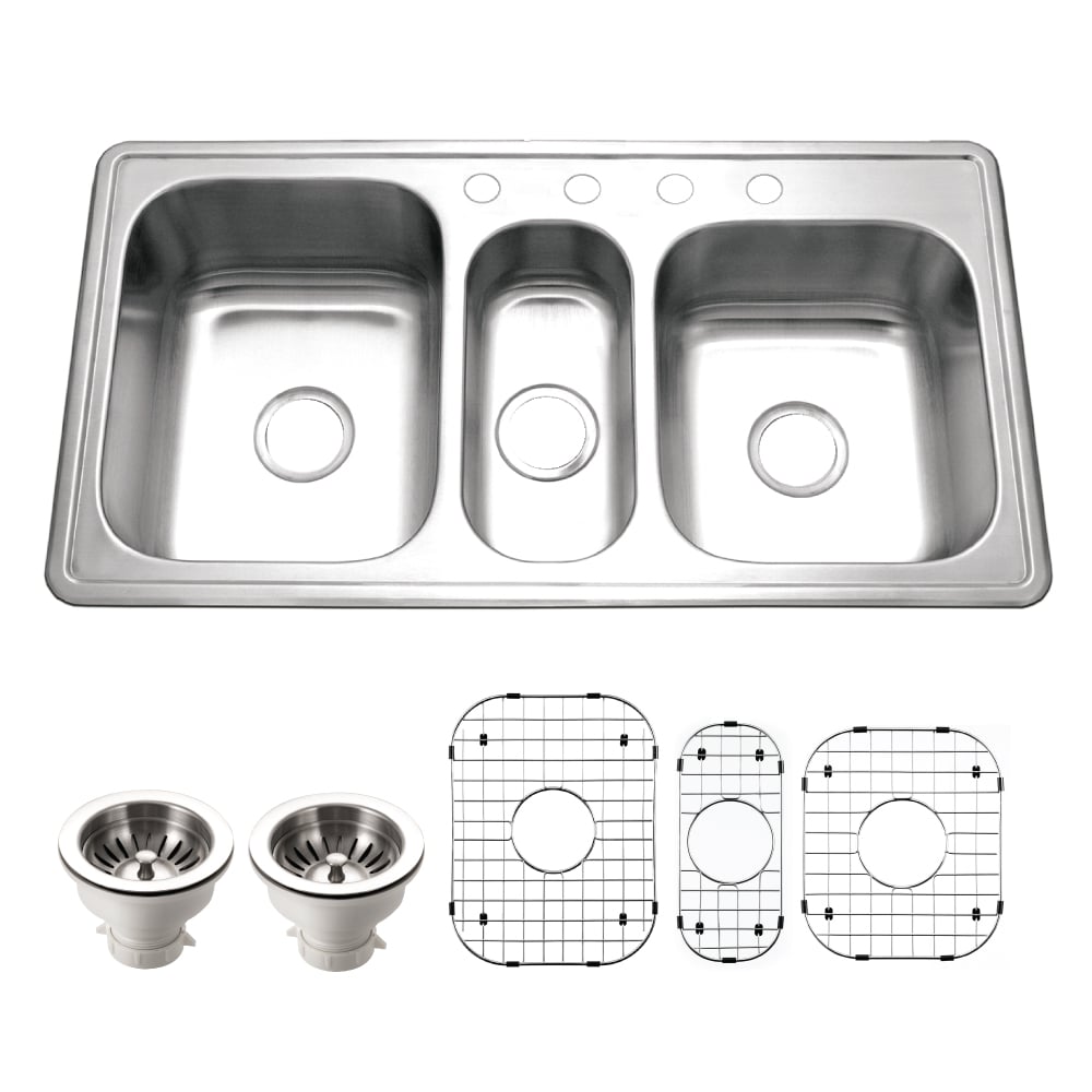 Picture of Houzer PGT-4322-C 41 in. Premier Series Drop-in Topmount Triple Bowl 4-hole Kitchen Sink with Basket Strainer & 3 Bottom Grids, Stainless Steel