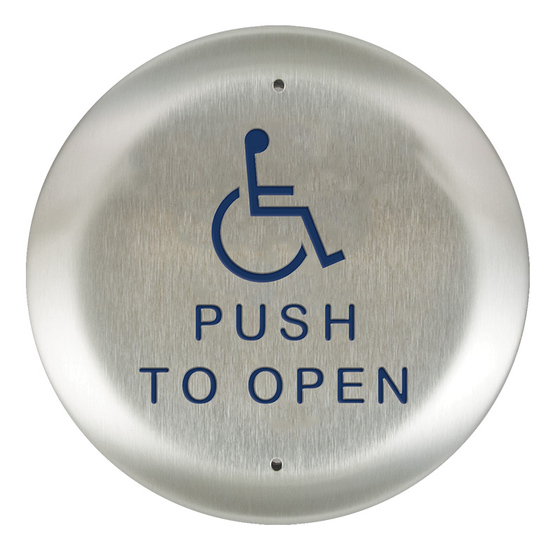 10PBR451 4.5 in. Round Push Plate with Accessibility Logo & Push to Open Text - Stainless Steel