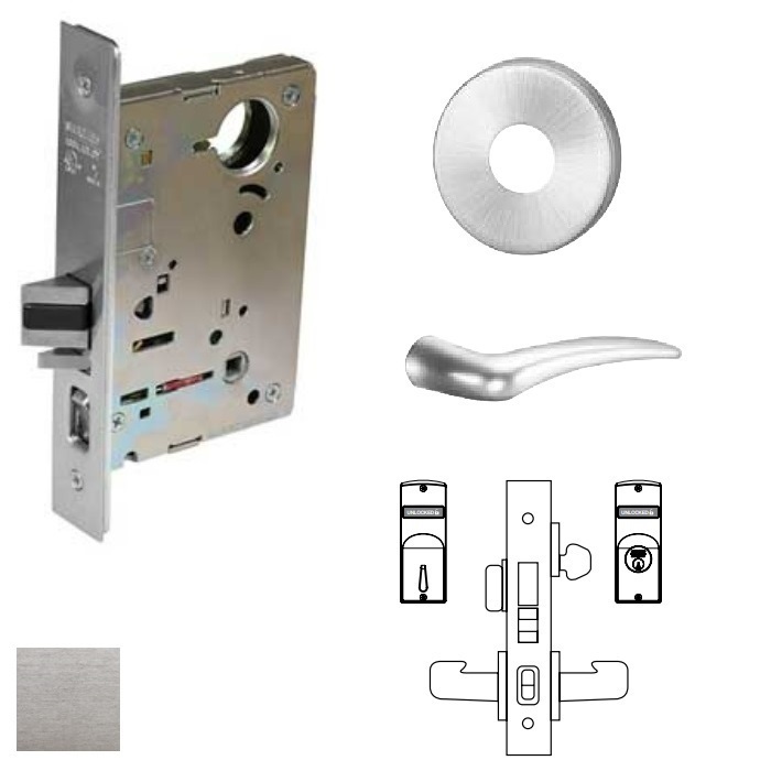 8200 Series 8245 Dormitory & Exit Single Cylinder Deadbolt Function Lockset - LN Rose & A Lever - Right Hand - Less Cylinder - 626 Satin Chrome