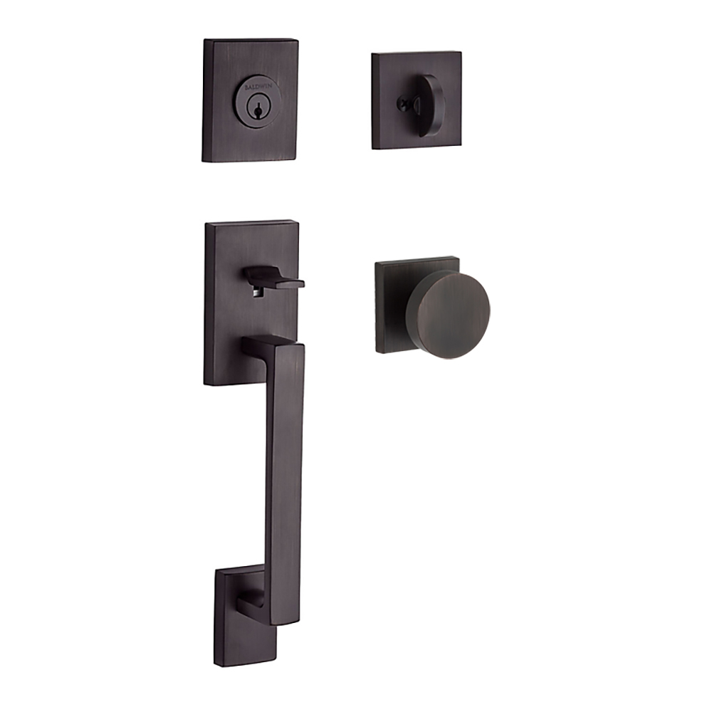 SC.LAJ.CON.CSR.112 La Jolla Single Cylinder Handleset with Contemporary Knob & Contemporary Square Rose, Venetian Bronze