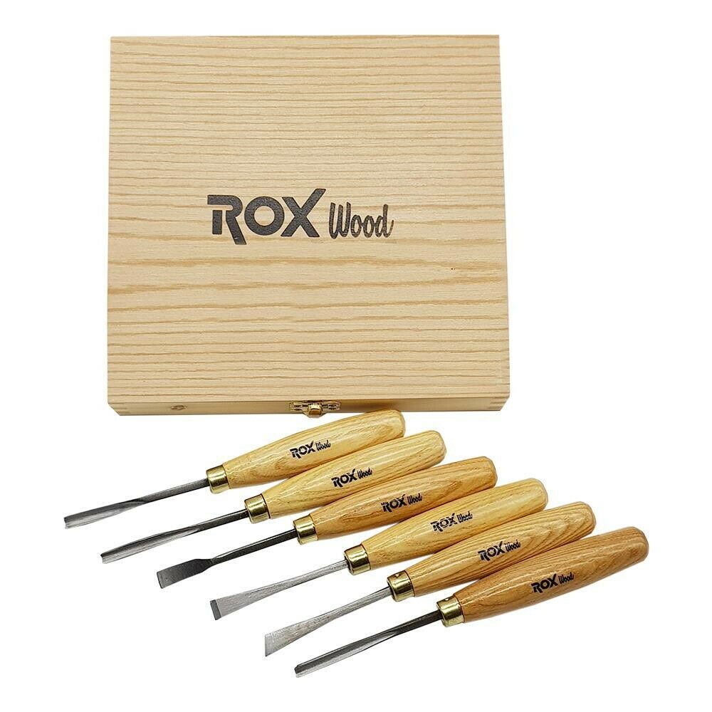ROX-15399063-6PC Woodworking Wood Carving Tools Set with Brass Rings, CRV60 Blades in a Wooden Storage Case - 6 Piece