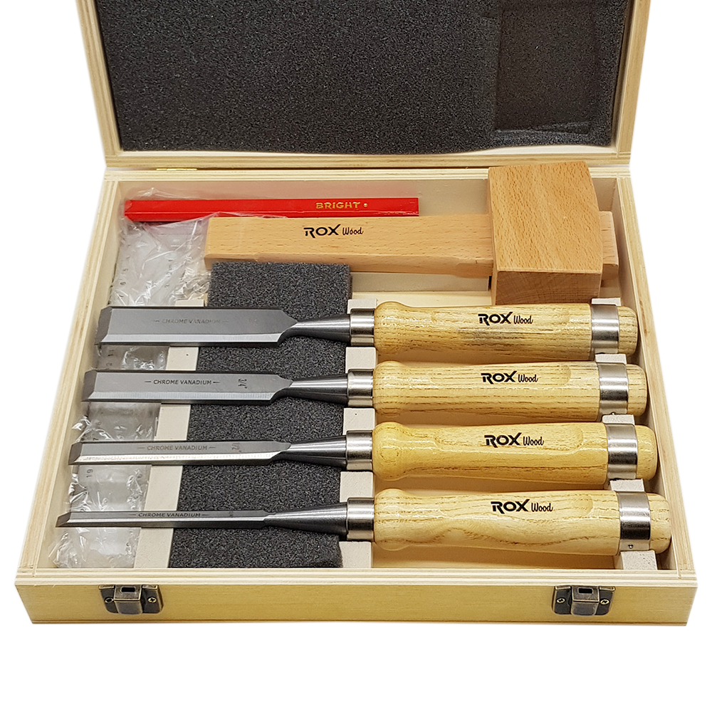 Woodworking Carving Tools Chisel Set with Red Beech Wood Handle, Mallet, Pencil in a Wooden Storage Case Box - 8 Piece