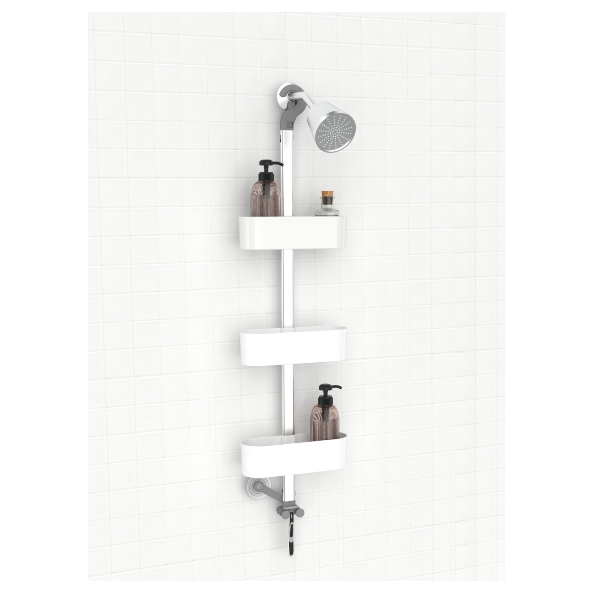 Picture of Akita Line HomeMarket ANSN-N50-3SHELFBATH-WH P. Nova Hanging 3 Tier Aluminum Oval Shelves with Hooks&#44; Disassembled Shower Head Caddy Organizer (White)