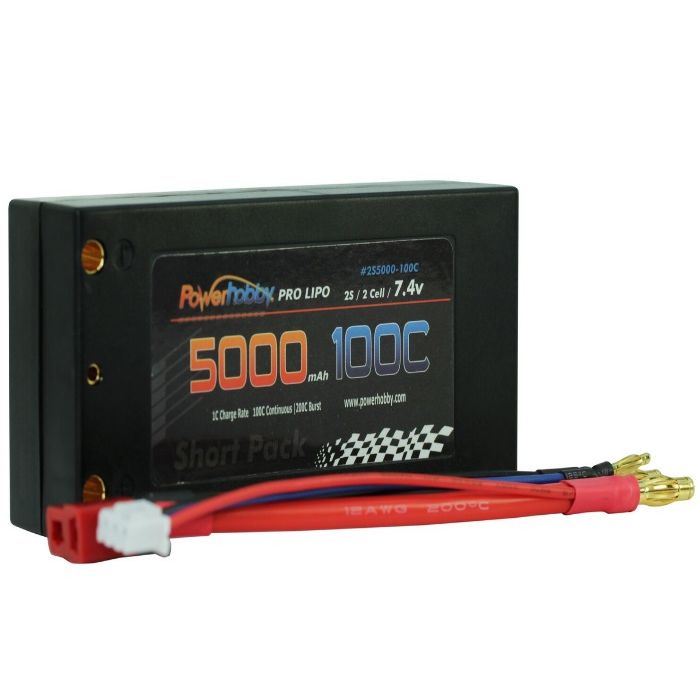Picture of Power Hobby PHB2S5000100CSH 2S 7.4C 5000 mAh 100C Shorty Lipo Battery with 4 mm Bullet Connectors