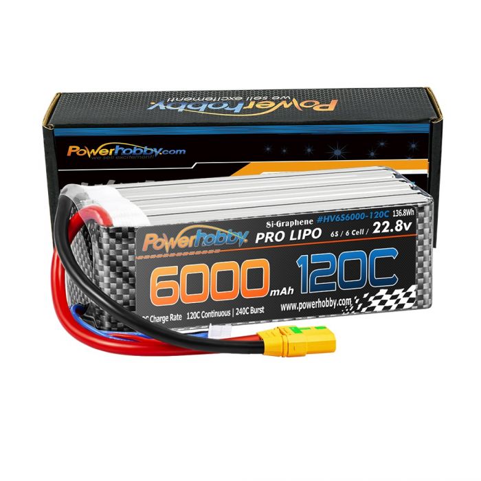 PHB6S6000120CXT90 6S 22.8V 6000mAh 120C Graphene Plus HV LiPo Battery with XT90 Plug -  Power Hobby