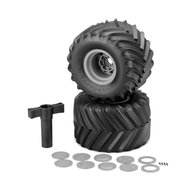 Picture of J Concepts JCO308540910 Renegades Yellow Compound Pre-Mounted Monster Truck Tires on Silver
