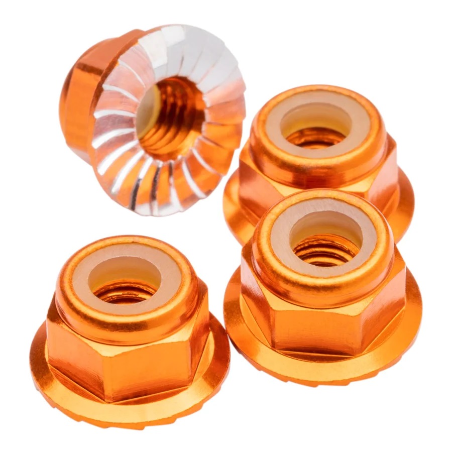 1UP80552  M4 Flanged & Serrated Aluminum Locknuts, Orange - 4 Piece