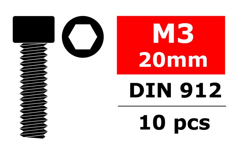 COR3001-30-20 M3 x 20 mm Hex Socket Head Steel Screws, Black - 10 Piece