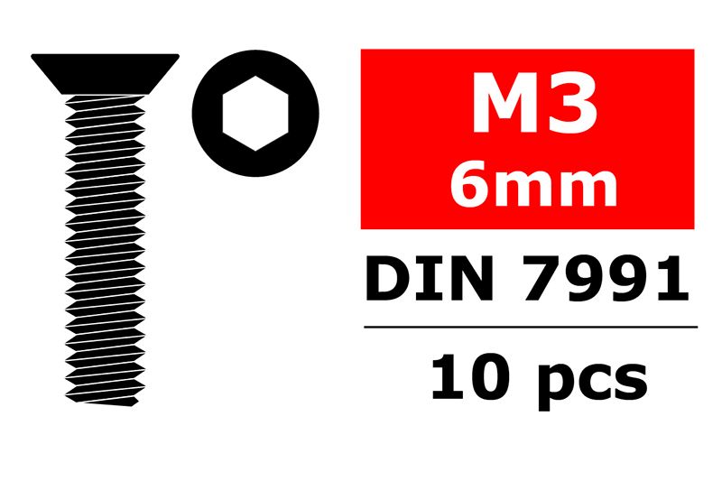 COR3002-30-06 M3 x 6 mm Hex Flat Head Steel Screws, Black - 10 Piece