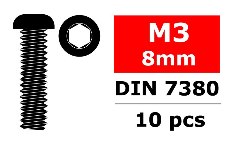 COR3003-30-08 M3 x 8 mm Hex Button Head Steel Screws, Black - 10 Piece