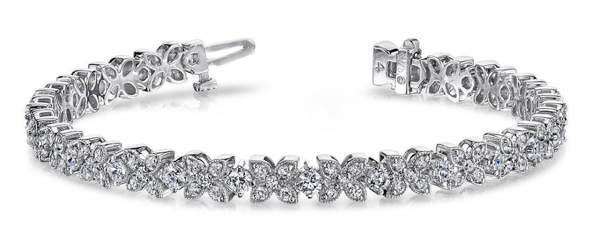23589 12 CT White Gold Round Prong Setting Flower Diamond Bracelet