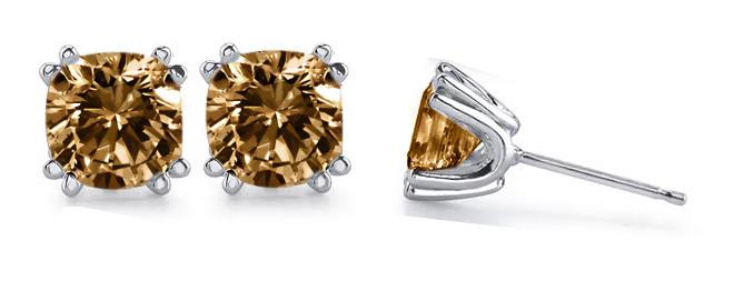 HC12324 2 CT Cognac Cushion Stud Cut Diamond Earring - 14K White Gold