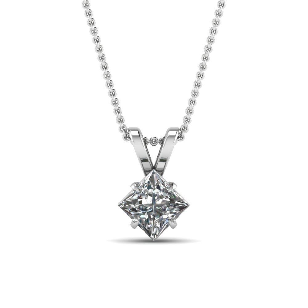 1.5 Carat Solitaire Princess Cut Diamond Pendant - 14K White Gold
