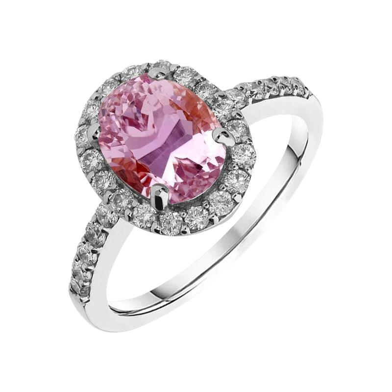 28559 13 CT Oval Cut Pink Kunzite with Diamond Ring, 14K White Gold - Size 6.5