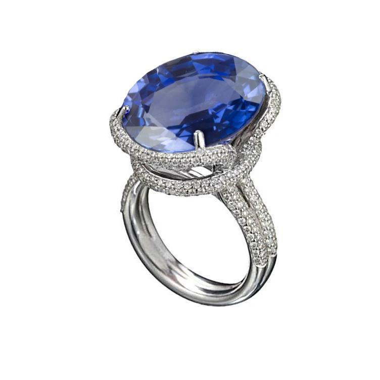 Picture of Harry Chad Enterprises 34172 9.51 CT Oval Ceylon Blue Sapphire & Diamonds Ring&#44; Gold - Size 6.5