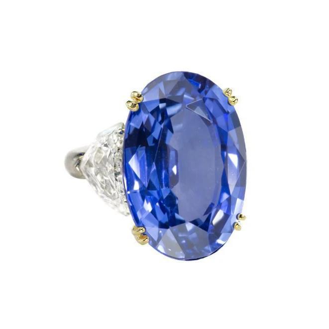 Picture of Harry Chad Enterprises 34187 Ceylon Sapphire Oval & Trillion Diamonds 3-Stone Ring&#44; Size 6.5