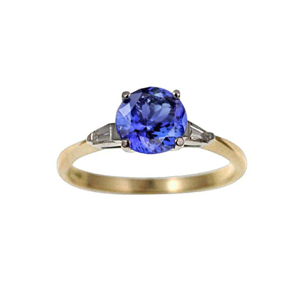 3423 2.55 CT Tanzanite & Baguette Diamonds Three Stone Ring, 14K Gold - Size 6.5