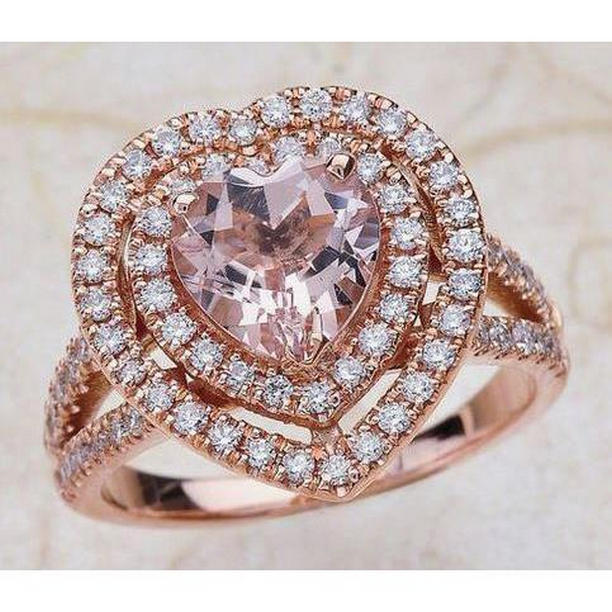 Picture of Harry Chad Enterprises 34369 7 CT Heart Cut Pink Gemstone with Double Halo Diamond Ring&#44; 14K Rose Gold - Size 6.5