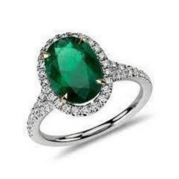 3 CT Oval Cut Green Emerald with Diamond Ring, 14K White Gold - Size 6.5