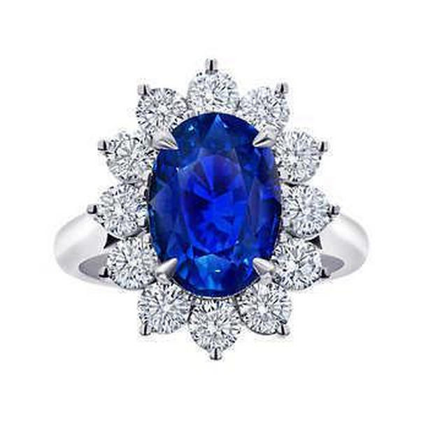39052 3 CT Oval Cut Sri Lanka Sapphire Round Diamond Ring, 14K White Gold - Size 6.5