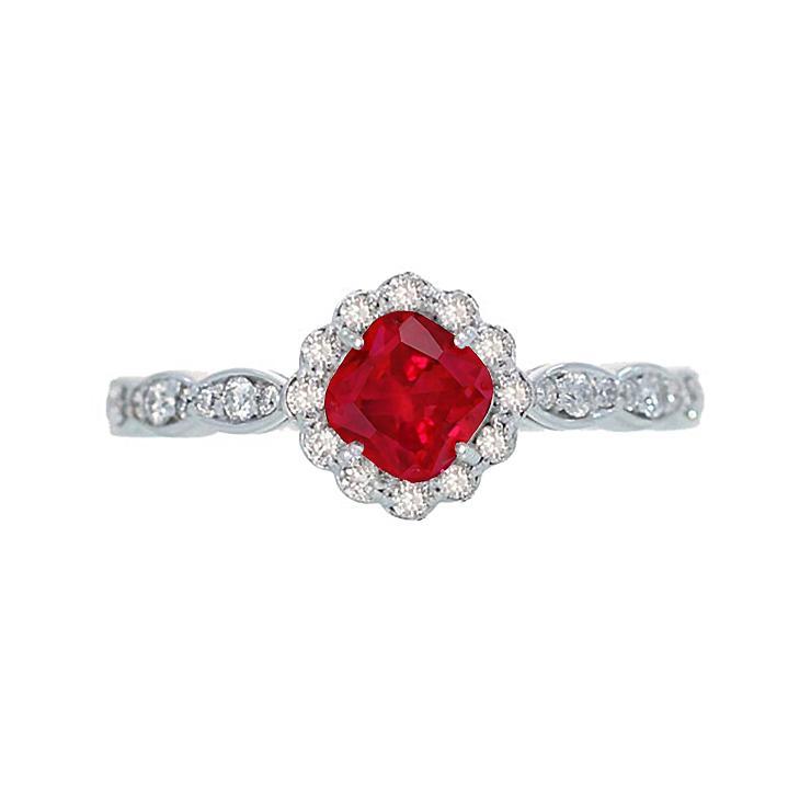 39068 2.45 CT Cushion Cut Red Ruby 14K White Gold Diamond Ring, Size 6.5