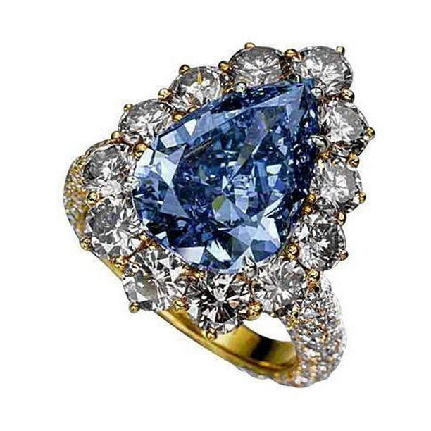 2 CT Blue Pear Diamonds Gemstone Ring, Yellow Gold - Size 6.5