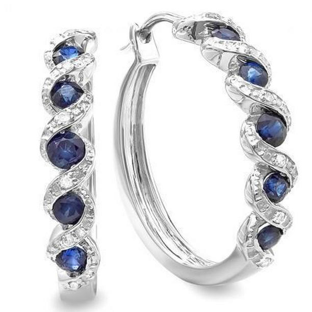 Picture of Harry Chad Enterprises 41257 5.50 CT Ceylon Sapphire & Diamond Lady Hoop Earring