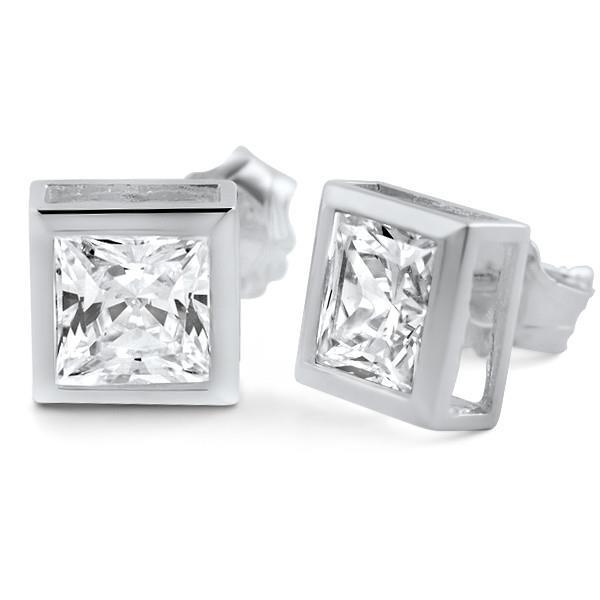 41279 1 CT Princess Cut Diamond Stud Earrings, 14K White Gold