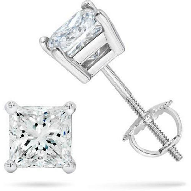 42333 1.5 CT Princess Cut Prong Set Diamond Stud Earring, 14K White Gold