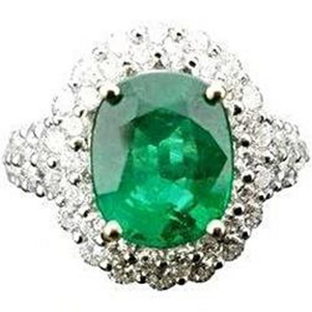 42367 3.25 CT Oval Green Emerald with Halo Diamond Ring, 14K White Gold - Size 6.5