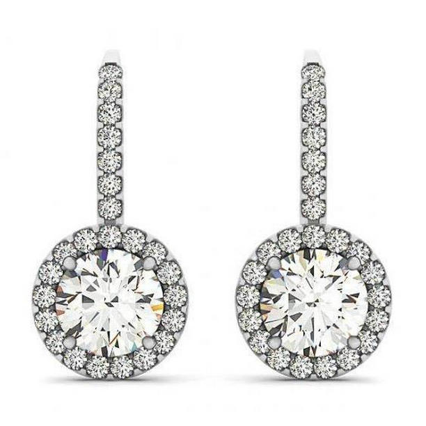 2 CT Round Brilliant Diamonds Halo Drop Earrings