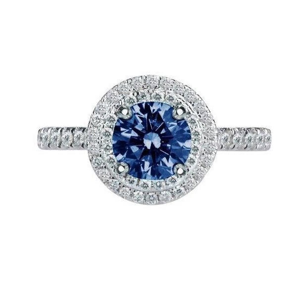 2.51 CT Round Blue & White Diamonds Gemstone Wedding Ring, Size 6.5