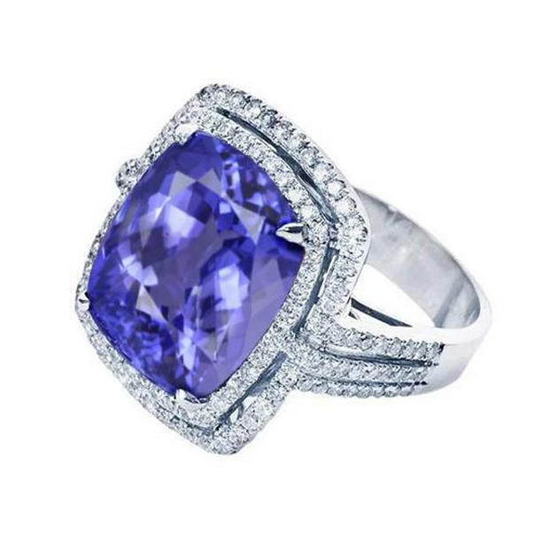 5.01 CT Tanzanite Cushion Diamonds Solid Ring, White Gold - Size 6.5