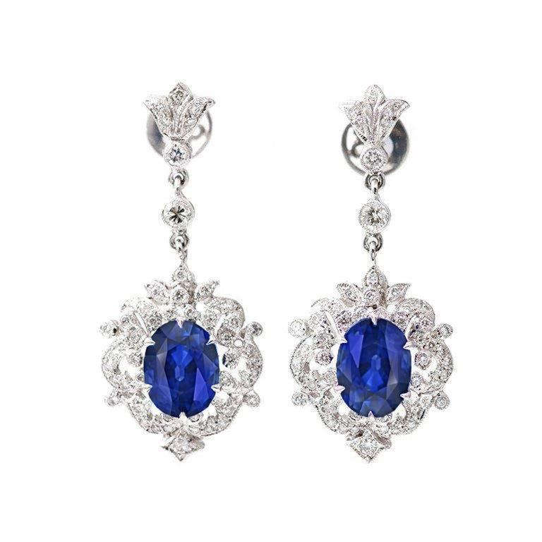 3 CT Ceylon Sapphire Diamond White Gold Womens Dangle Earrings