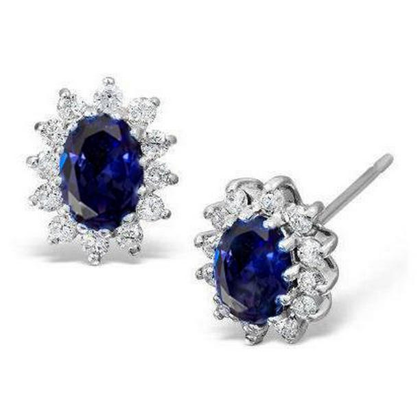 White Gold 5 CT Blue Tanzanite & Diamonds Lady Halo Stud Earrings
