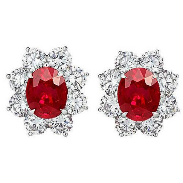 Red Ruby & Diamond 5.40 CT Halo Gemstone Stud Earrings