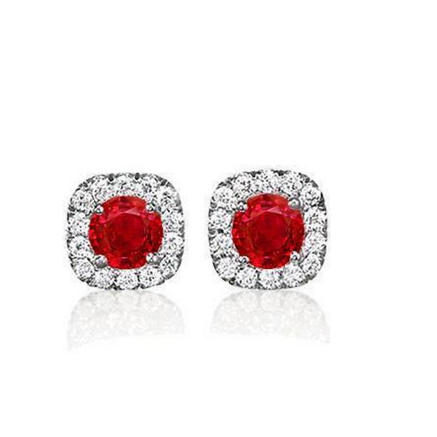 5.70 CT Halo Stud Ruby & Diamonds Earrings, 14K White Gold