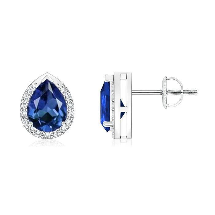 3 CT Sri Lanka Blue Pear Sapphire Round Diamond Halo Stud Earring