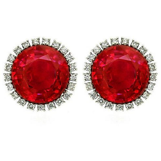 5.42 CT Round Ruby & Diamond Halo Stud Earring, 14K White Gold