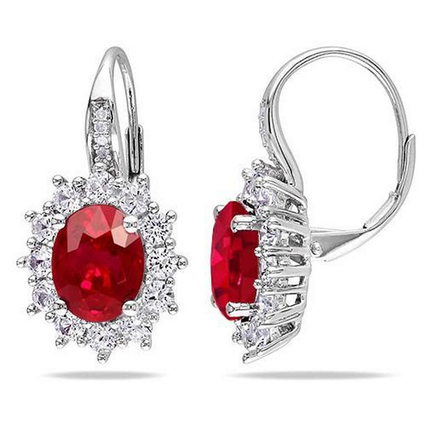 Oval Ruby & Diamonds 7.50 CT Dangle Earrings, 14K White Gold