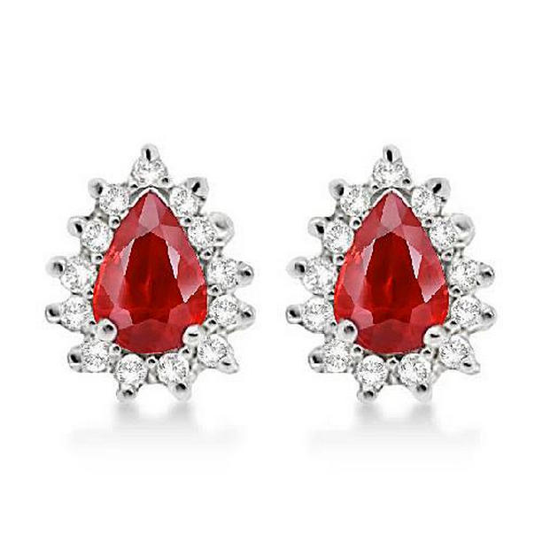 5 CT 14K White Gold Red Ruby & Diamond Halo Stud Womens Earring