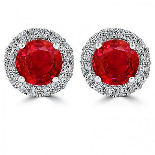 5.60 CT Round Cut White Gold Ruby with Halo Diamond Stud Earrings -  Glitter, GL2990910