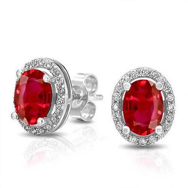 3.42 CT Red Ruby & Diamond Stud Halo Lady Earring, Gold