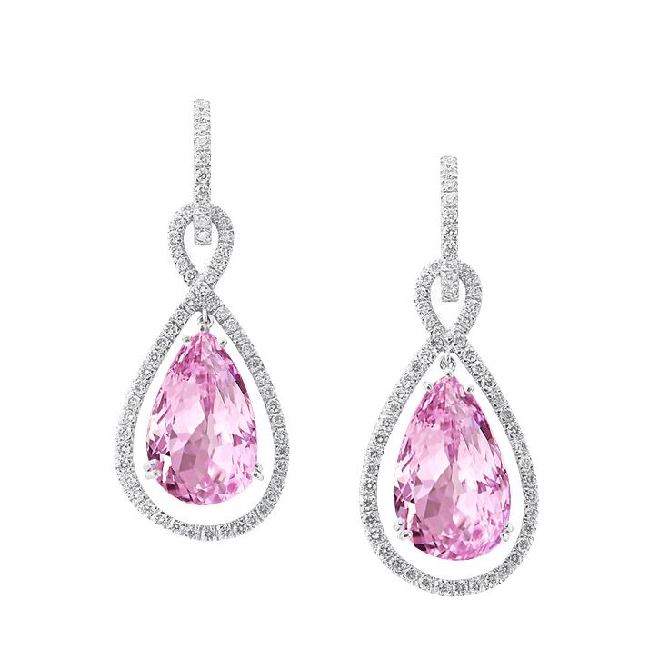 17.14 CT Pink Kunzite & Diamonds Dangle Earrings, 14K White Gold