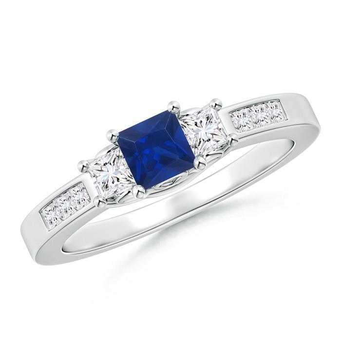 56825 Princess Cut 2.85 CT Sapphire & Diamonds Wedding Ring, 14K White Gold - Size 6.5
