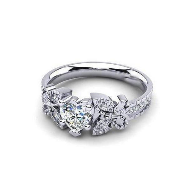 Sparkling 1.75 CT Heart & Round Cut Diamond Ring, 14K White Gold - Size 6.5