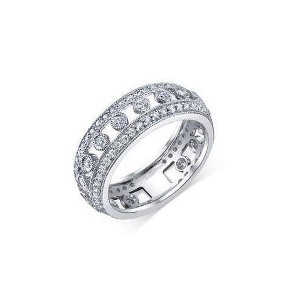 57958 Vintage Style 2.45 CT Round Cut Diamond Wedding Band, 14K Gold - Size 6.5